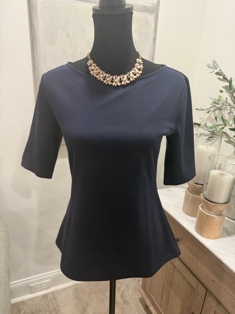 Ann Taylor Navy Short Sleeve Boatneck Tee